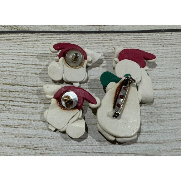 Vintage Lot of Polymer Clay Earrings & Pin Bunny Rabbit Santa Hat Christmas Tb12 - Picture 3 of 3